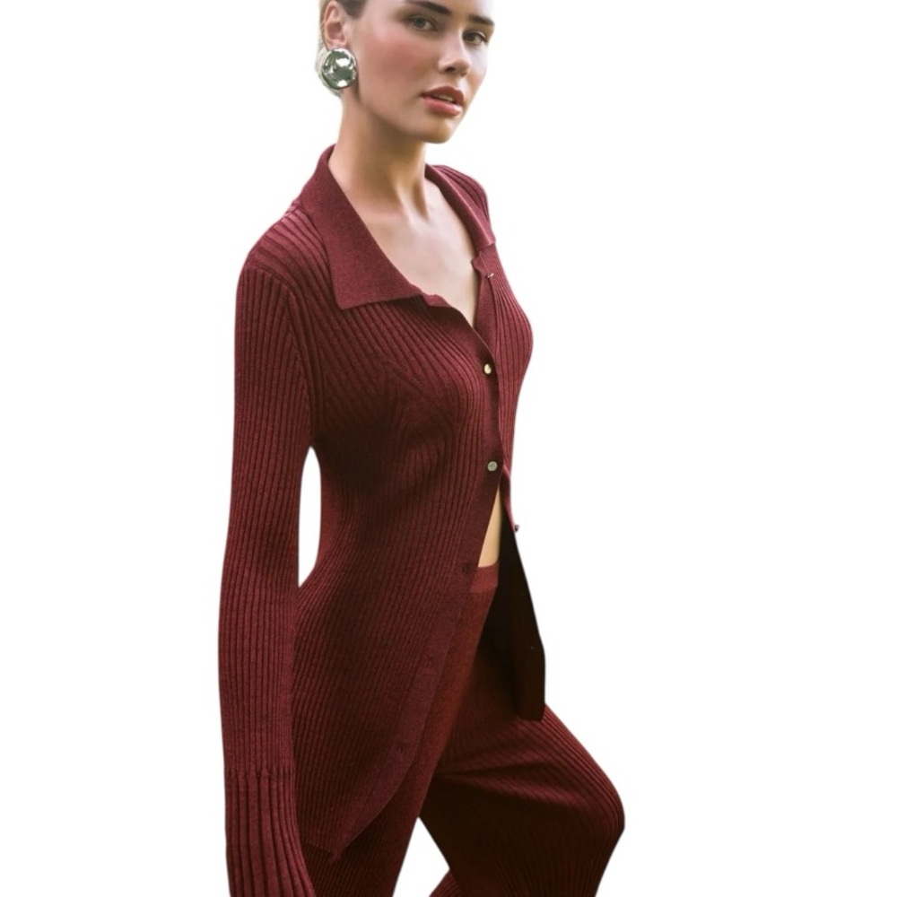 Simon Miller Palo Knit Top Deep Red Button Front Collared Cardigan Sweater XS - Picture 2 of 12